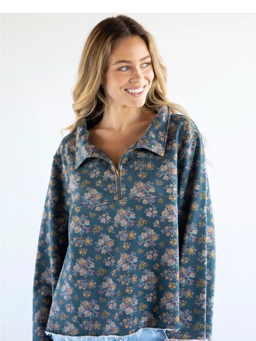 NWT Natural Life Slate blue Floral Zip-Front Pullover Top sweatshirt L/XL